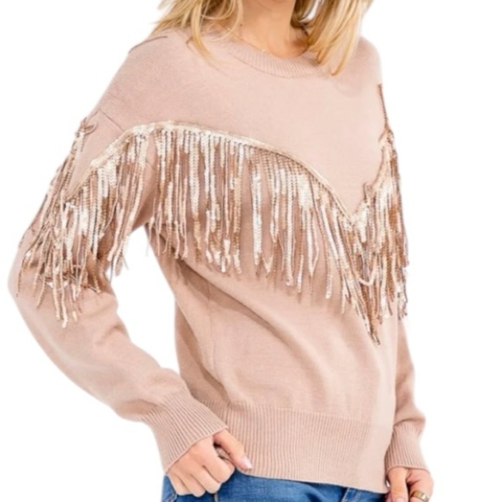 Lavender J Sequin Fringe Tassel Western Boho Soft Sweater in Taupe